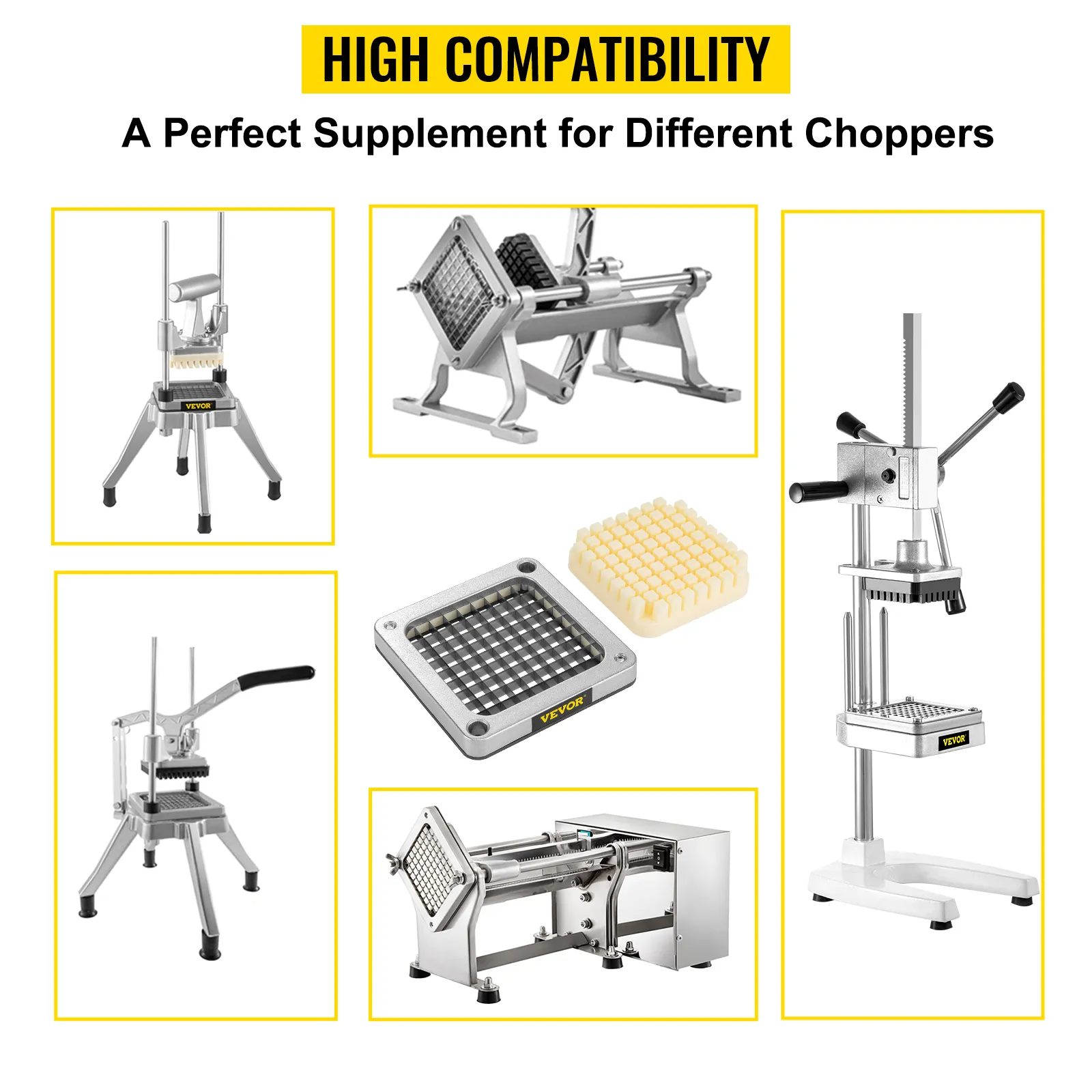 Zespół ostrzy do frytek VEVOR zaprezentowany z różnymi konfiguracjami siekacza, co zapewnia wysoką kompatybilność.