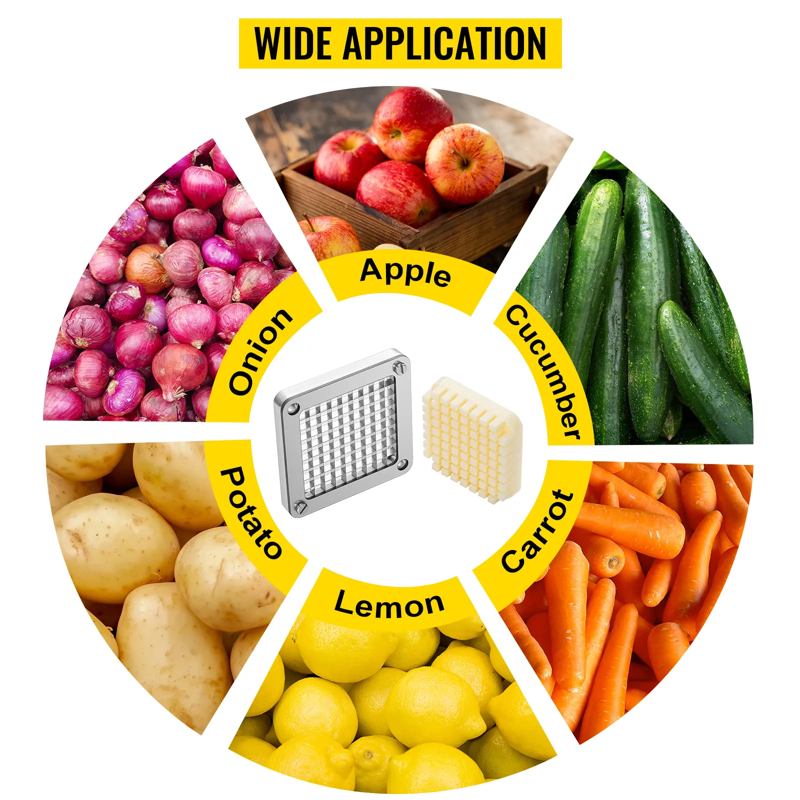 Zestaw noży do frytek VEVOR otoczony obrazkami pokrojonego jabłka, ogórka, marchewki, cytryny, ziemniaka i cebuli.