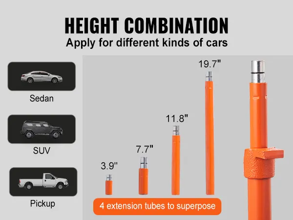 height combination for VEVOR porta power kit: apply for sedan, suv, pickup with 4 extension tubes.