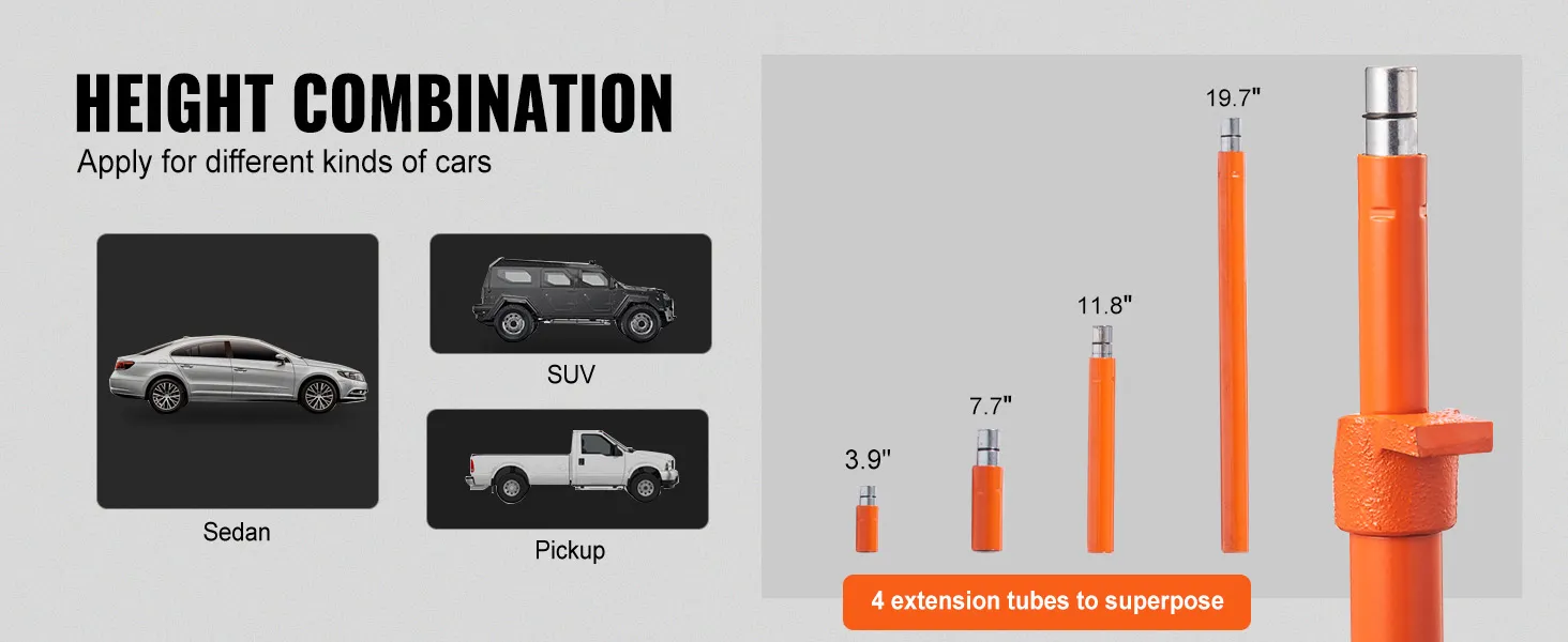 height combination for VEVOR porta power kit: apply for sedan, suv, pickup with 4 extension tubes.