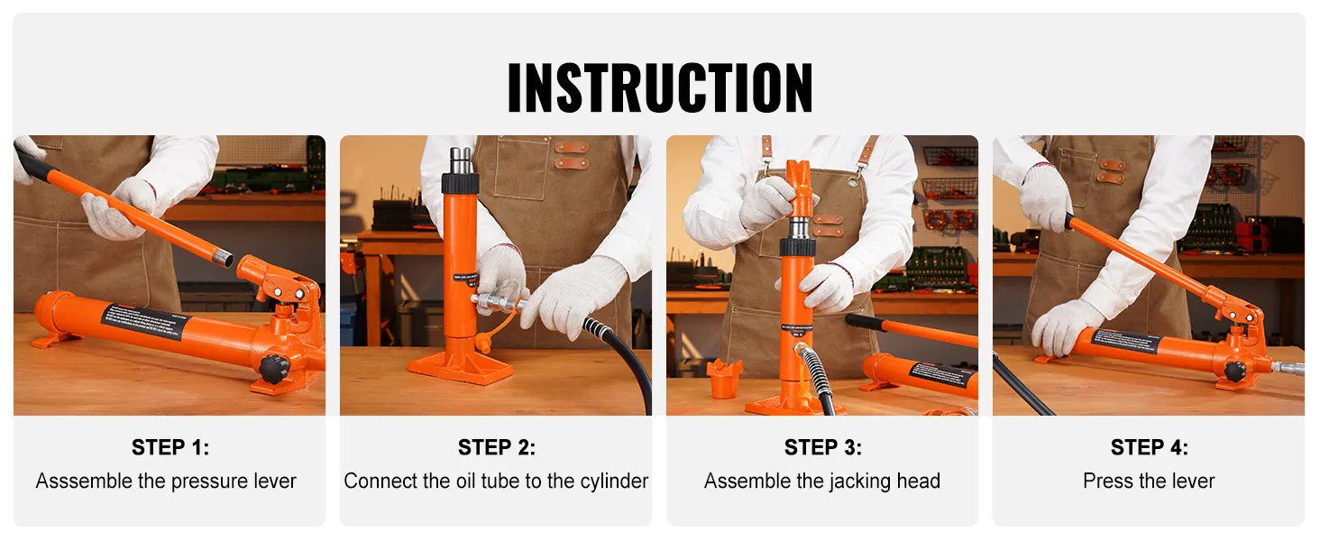 instruction guide featuring the assembly steps of the VEVOR porta power kit with tools and components.