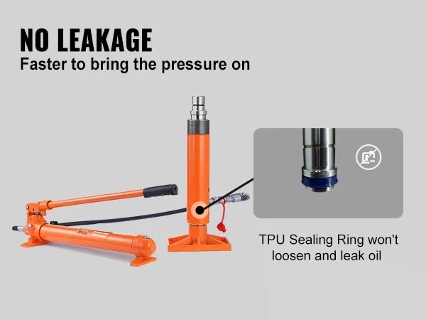 orange hydraulic jack with handle, emphasizing no leakage, tpu sealing ring, VEVOR 20 ton porta power kit