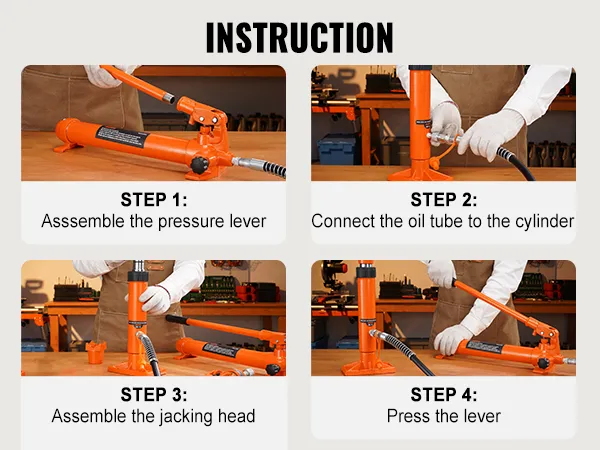 steps to assemble and use the VEVOR 20 ton porta power kit: pressure lever, oil tube, jacking head, lever.