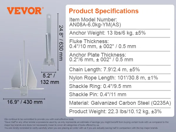 Specifiche del kit di ancoraggio VEVOR Fluke: ancora, 2 grilli, catena, cima di nylon, misure, materiali.