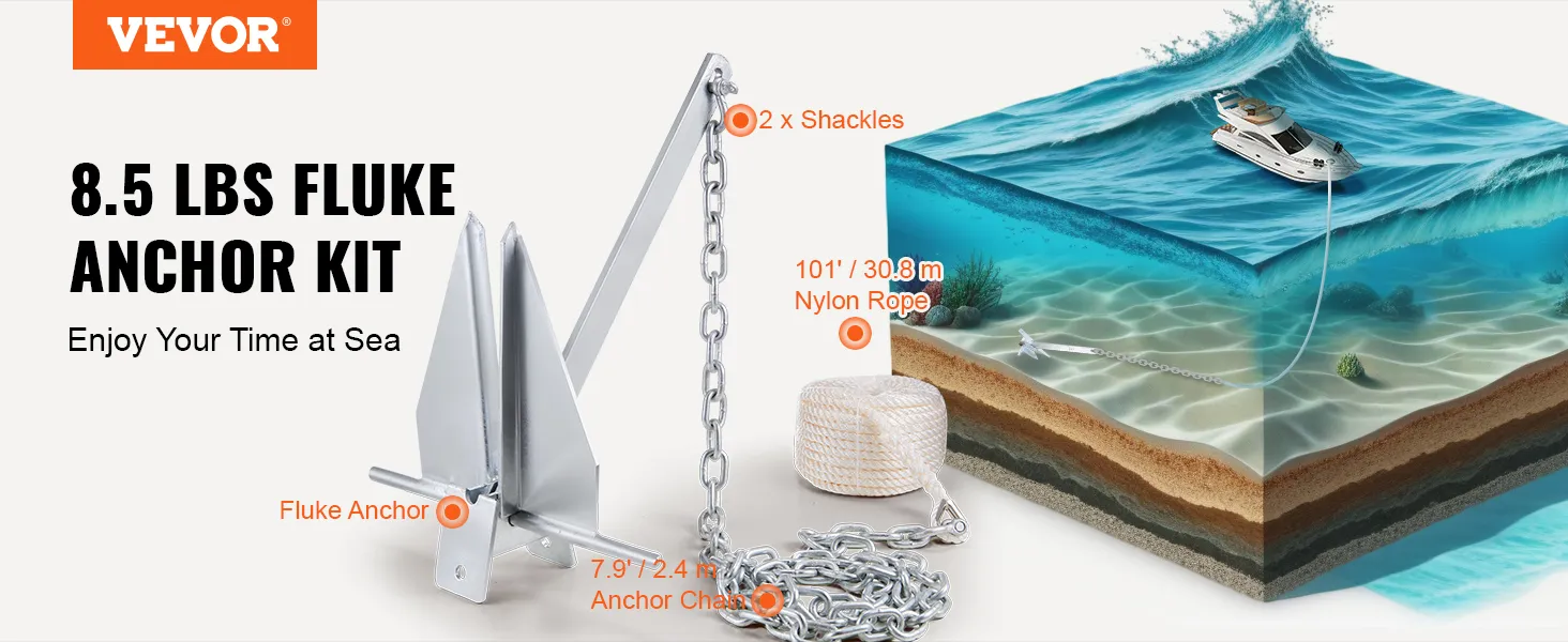Kit di ancoraggio VEVOR da 8,5 libbre con ancora, grilli, cima e catena per una navigazione sicura. Goditi il mare.