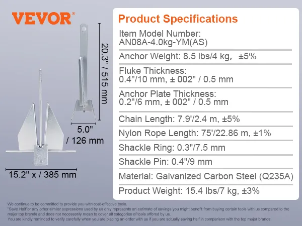 VEVOR fluke style anchor kit with specifications, including anchor, shackles, chain, and nylon rope.