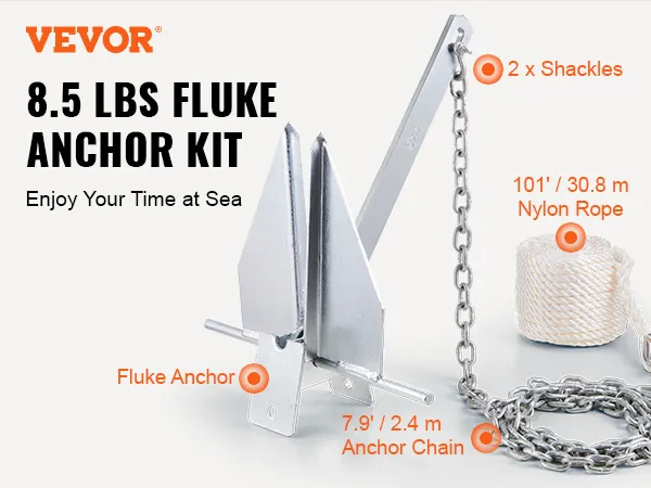 VEVOR fluke style anchor kit includes a fluke anchor, shackles, nylon rope, and anchor chain.
