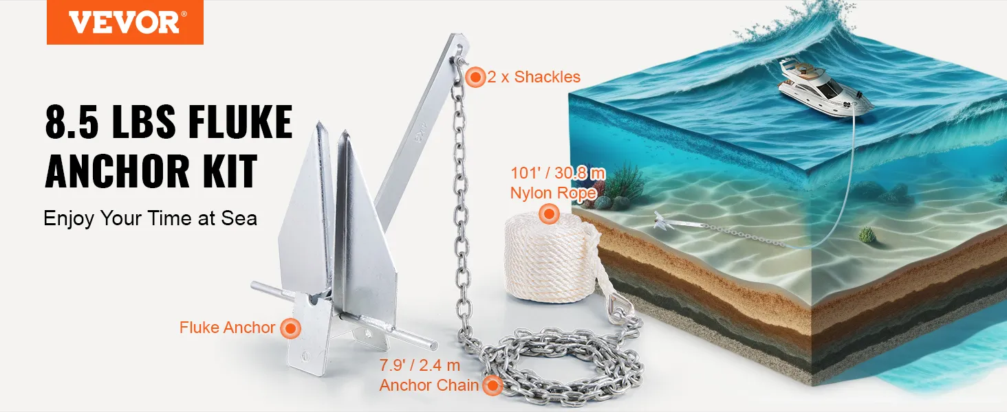 VEVOR fluke style anchor kit includes a fluke anchor, shackles, nylon rope, and anchor chain.