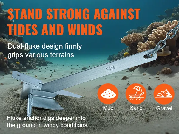 VEVOR fluke style anchor kit gripping underwater, suitable for mud, sand, and gravel terrains.