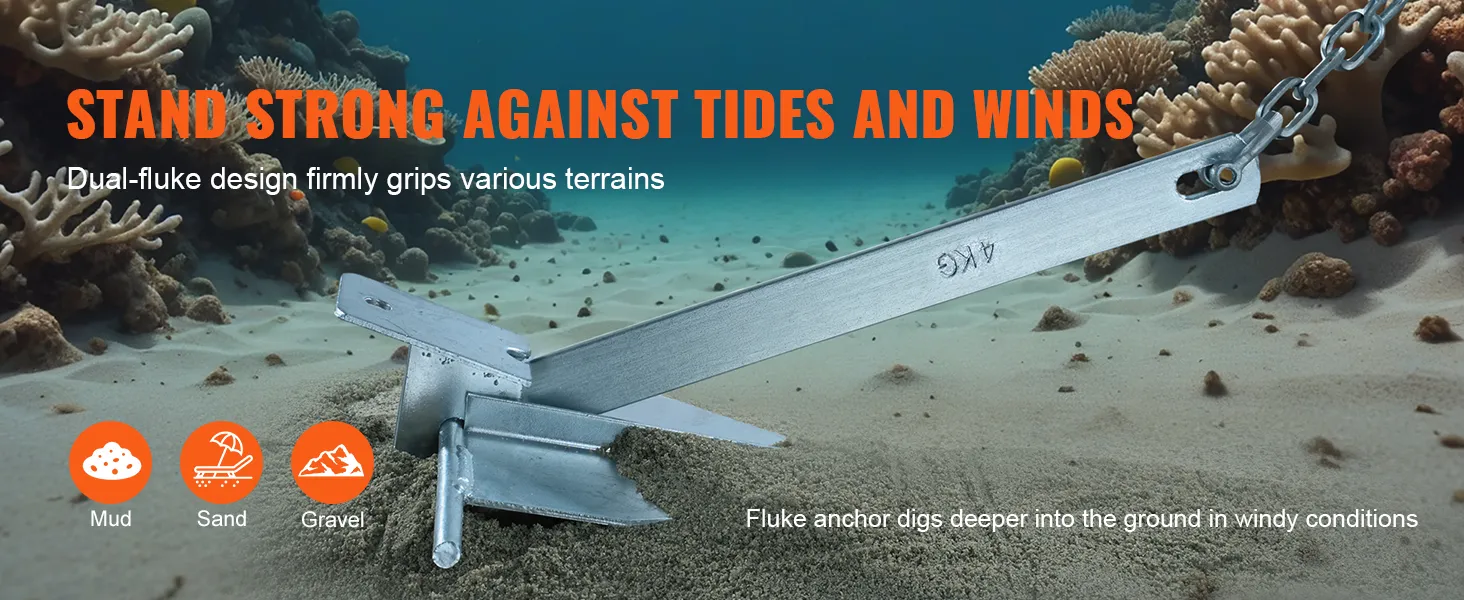 VEVOR fluke style anchor kit gripping underwater, suitable for mud, sand, and gravel terrains.