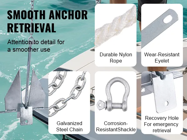 VEVOR fluke style anchor kit with nylon rope, steel eyelet, galvanized chain, and recovery shackle.