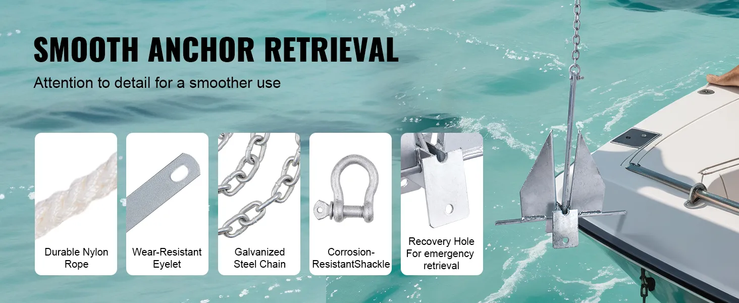 VEVOR fluke style anchor kit with nylon rope, steel eyelet, galvanized chain, and recovery shackle.