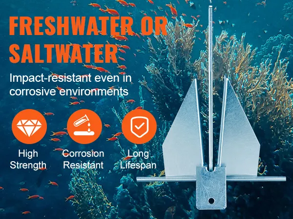 VEVOR fluke style anchor kit displayed underwater, highlighting high strength, corrosion resistance, and durability.