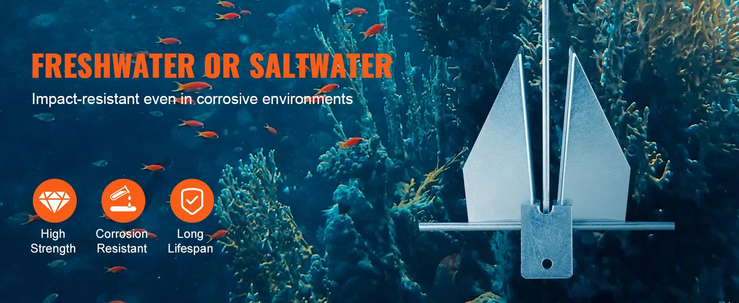 VEVOR fluke style anchor kit displayed underwater, highlighting high strength, corrosion resistance, and durability.