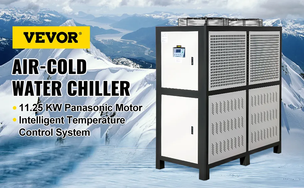 Enfriador de agua industrial VEVOR con motor Panasonic de 11,25 kw en un entorno de montaña nevada.