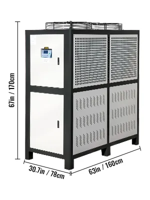 Enfriador de agua industrial VEVOR con dimensiones 67 pulgadas x 30,7 pulgadas x 63 pulgadas.