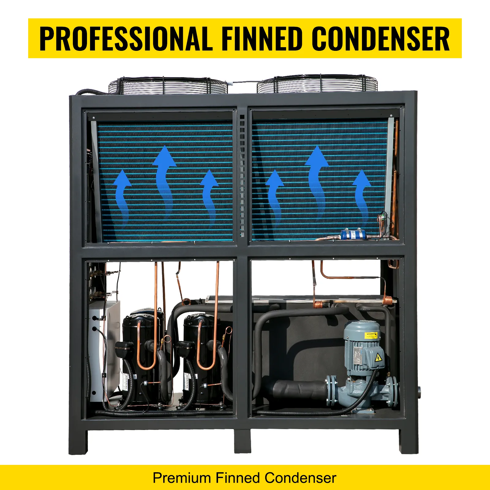 Enfriador de agua industrial VEVOR con condensador de aletas premium, resaltando el flujo de aire.