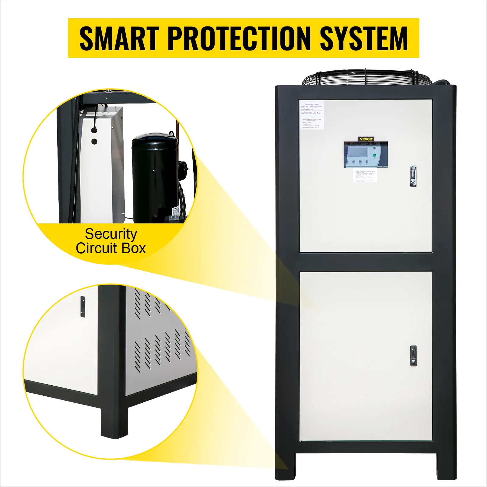 Enfriador de agua industrial VEVOR con sistema de protección inteligente y caja de circuito de seguridad.