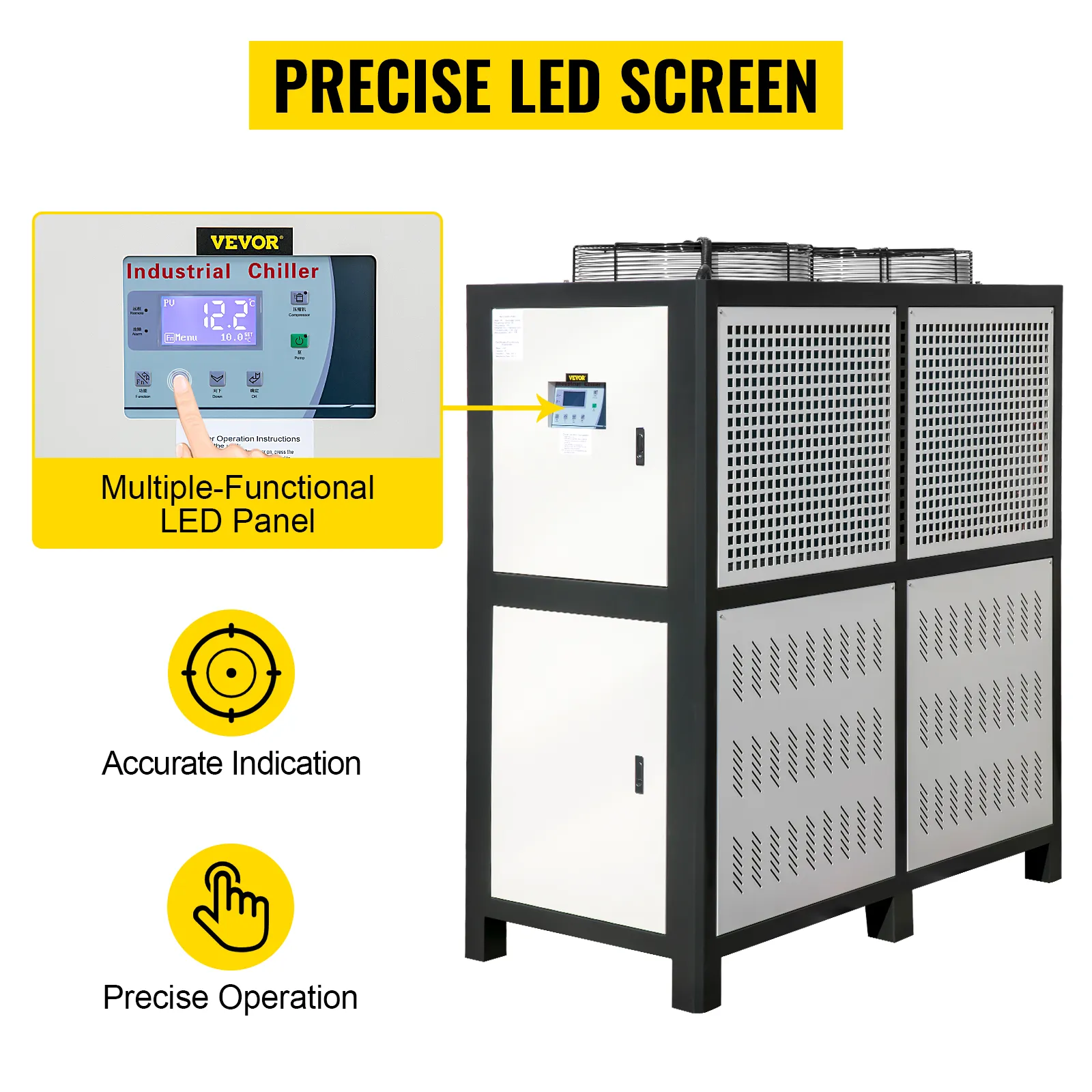 Enfriador de agua industrial VEVOR con una pantalla LED precisa para un funcionamiento preciso.