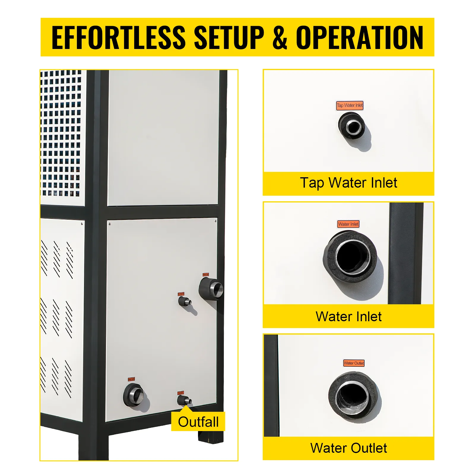 Enfriador de agua industrial VEVOR con puertos de entrada y salida etiquetados para una fácil configuración.