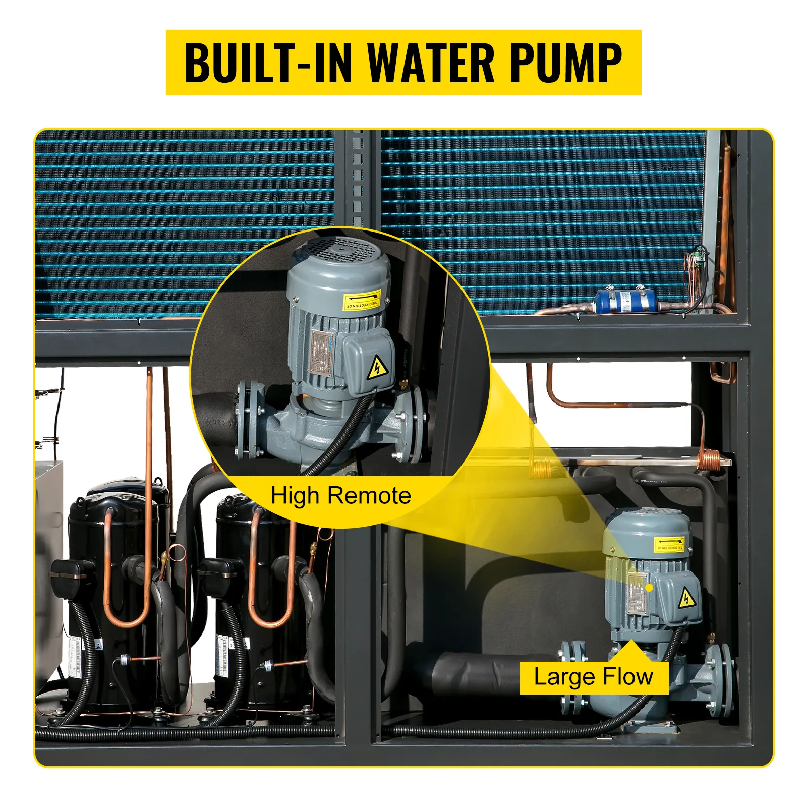 Enfriador de agua industrial VEVOR con bomba de agua incorporada, destacando alto control remoto y gran caudal.