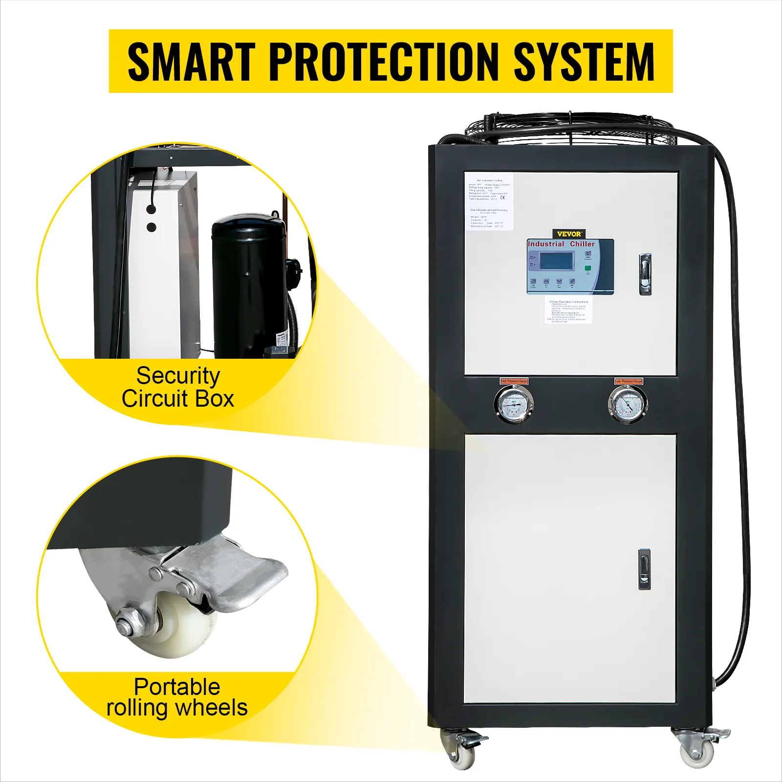 Enfriador de agua VEVOR con sistema de protección inteligente, caja de circuito de seguridad y ruedas portátiles