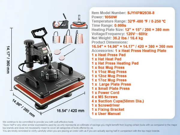 VEVOR heat press kit with multiple accessories and specifications.