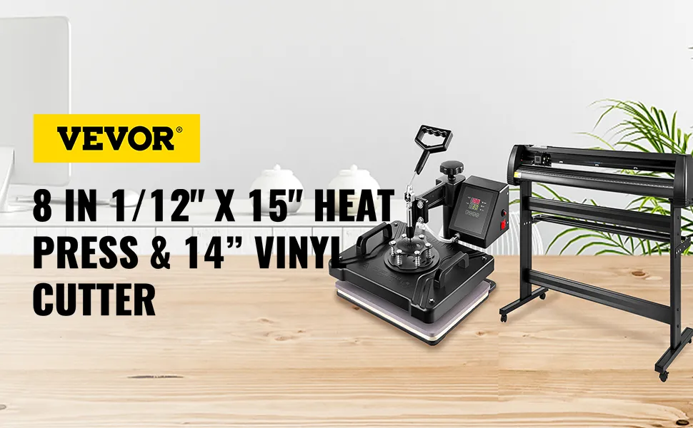 VEVOR heat press and vinyl cutter on a wooden desk with a minimalist office background.