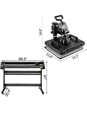 VEVOR heat press and vinyl cutter with dimensions for home hobbyists and professionals.