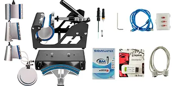 VEVOR heat press with accessories including cables, heat pads, and adjustment tools.