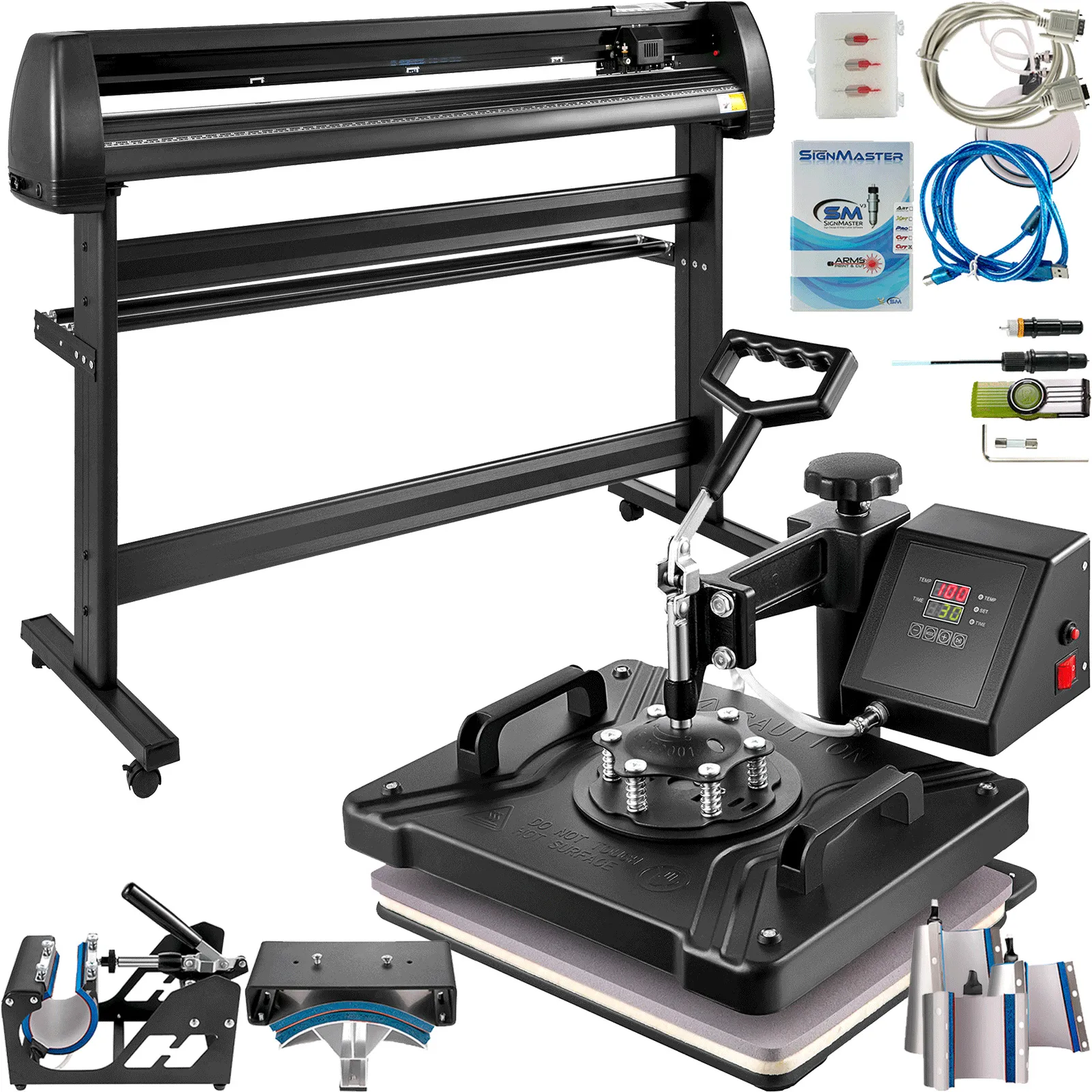 VEVOR heat press and vinyl cutter plotter bundle with accessories and digital controls.