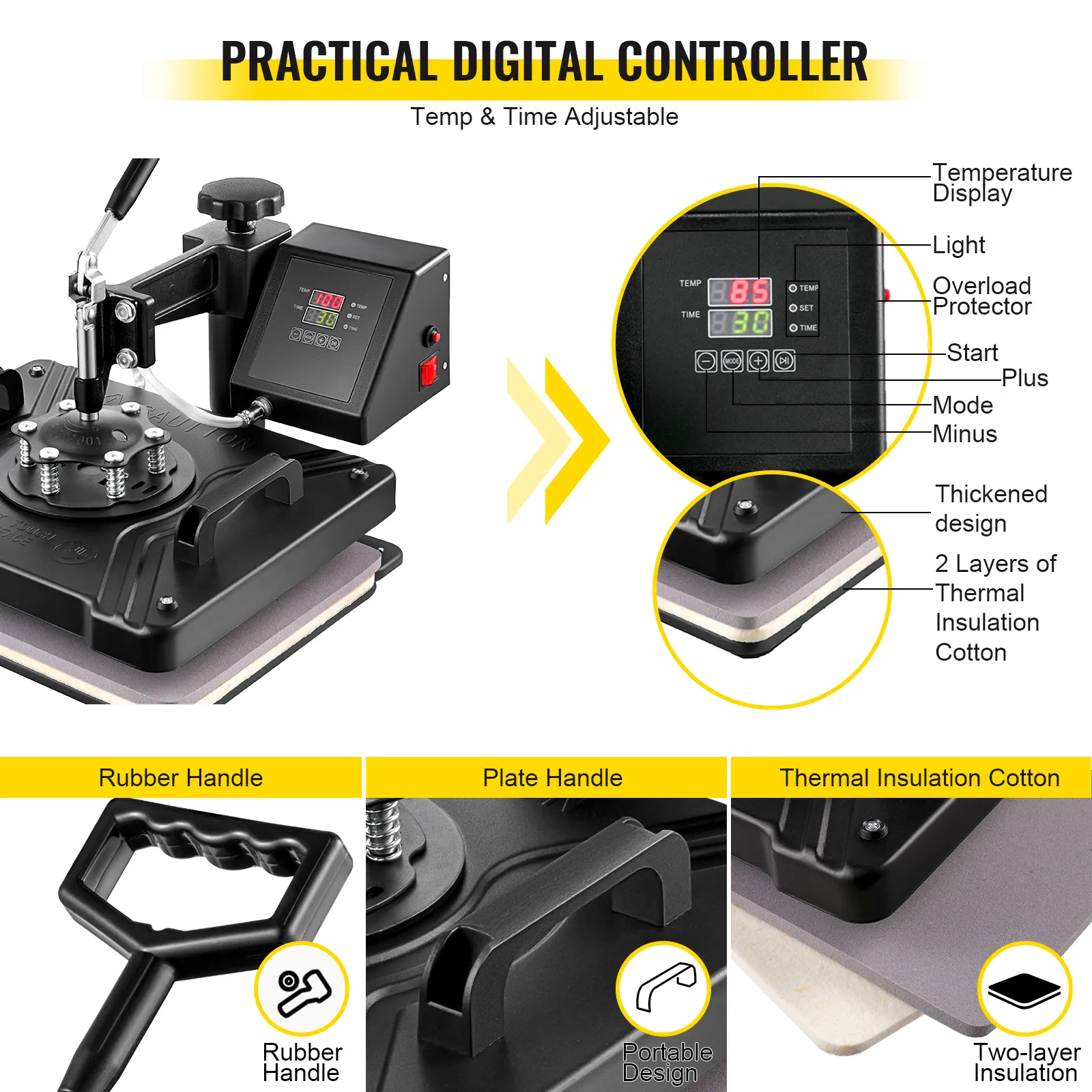 VEVOR heat press with practical digital controller, rubber handle, and insulation cotton.