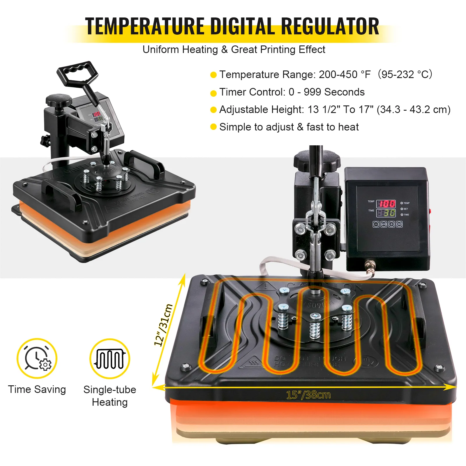 VEVOR heat press with digital temperature regulator, timer, and adjustable height.