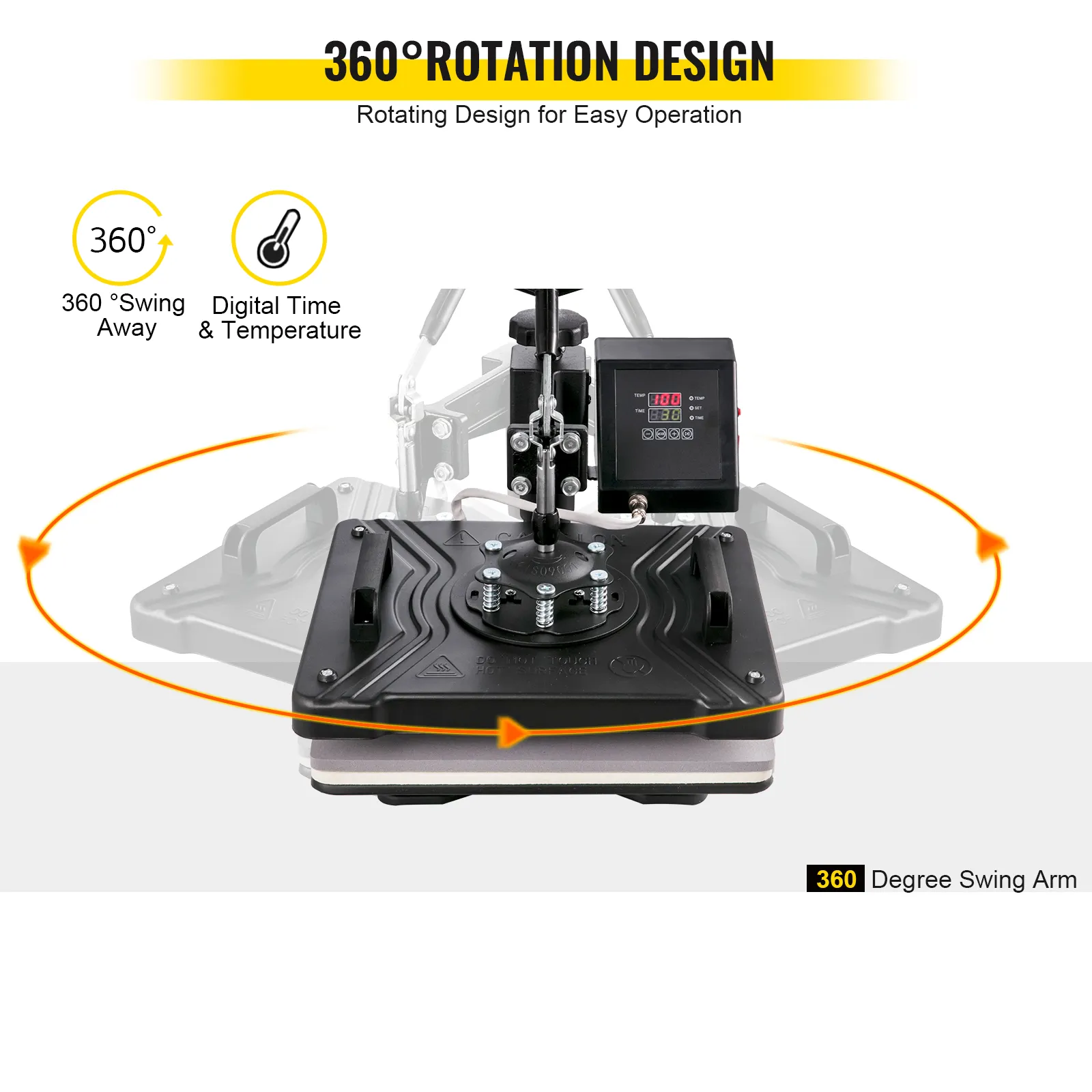 360° rotating VEVOR heat press with digital display for time and temperature control.
