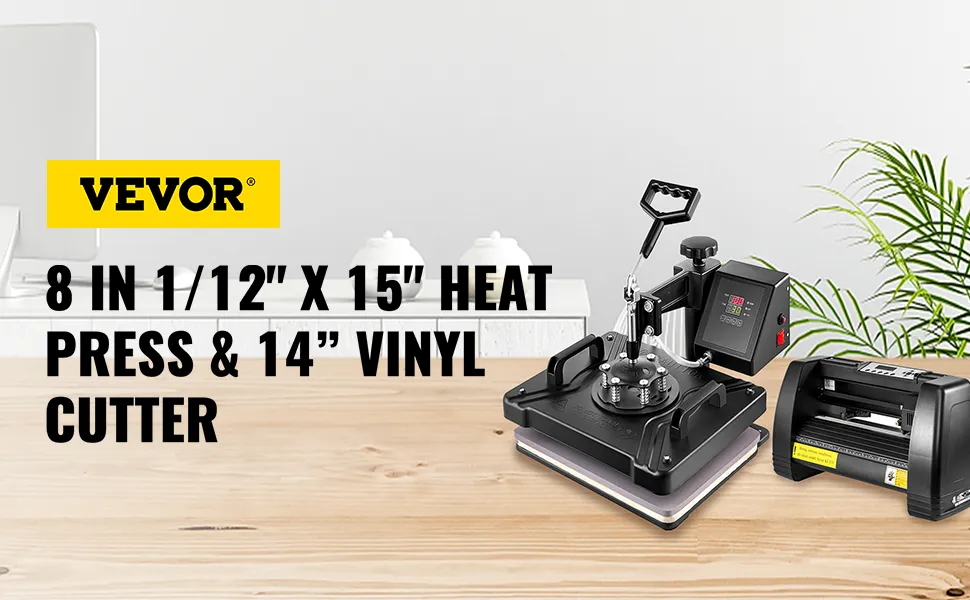 VEVOR 8 in 1 heat press and 14" vinyl cutter on a wooden desk with plants.