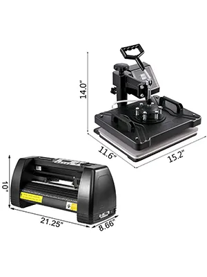 VEVOR 8 in 1 heat press with measured dimensions: 14"x11.6"x15.2" and 21.25"x8.66"x10".