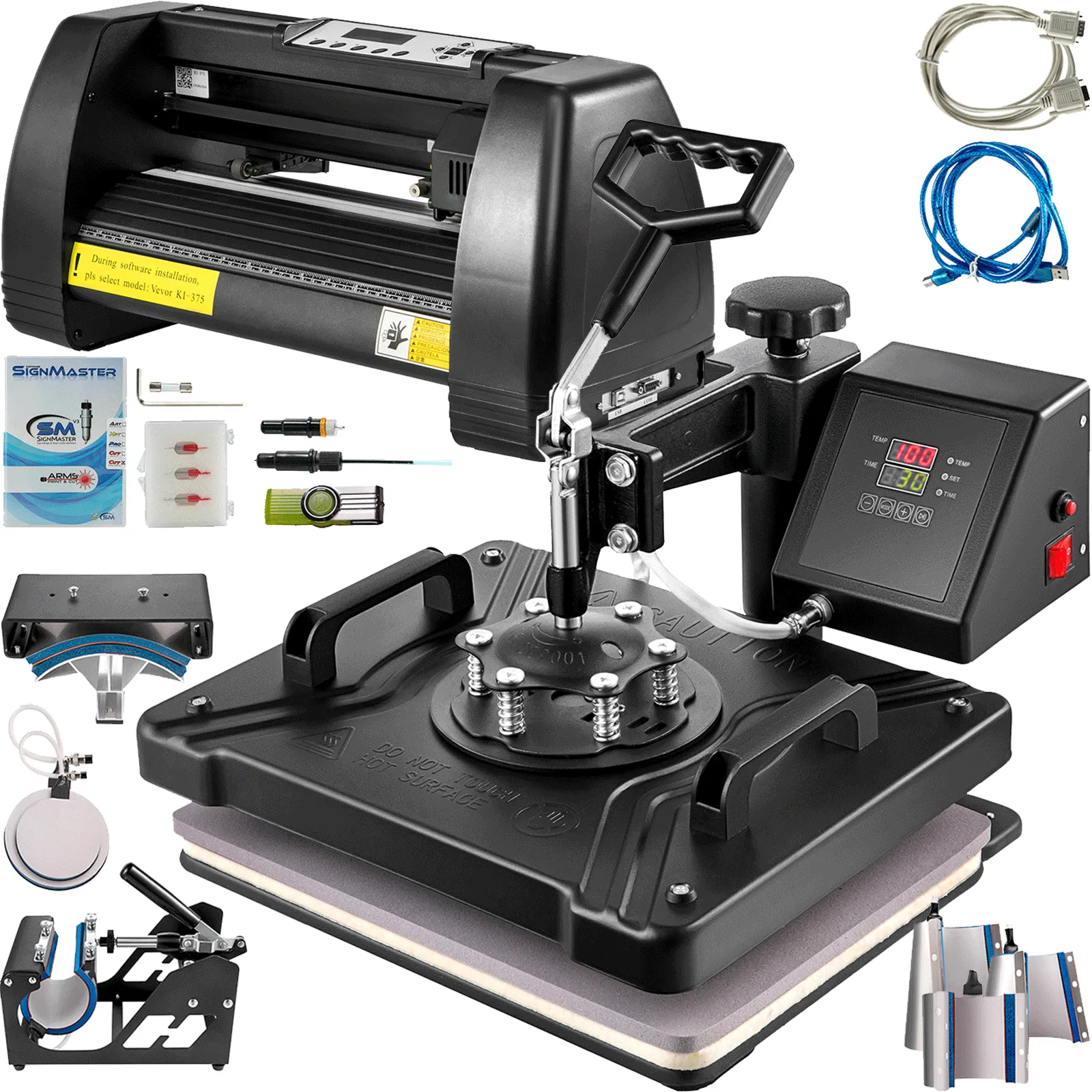 VEVOR 8 in 1 heat press with accessories and digital control panel.