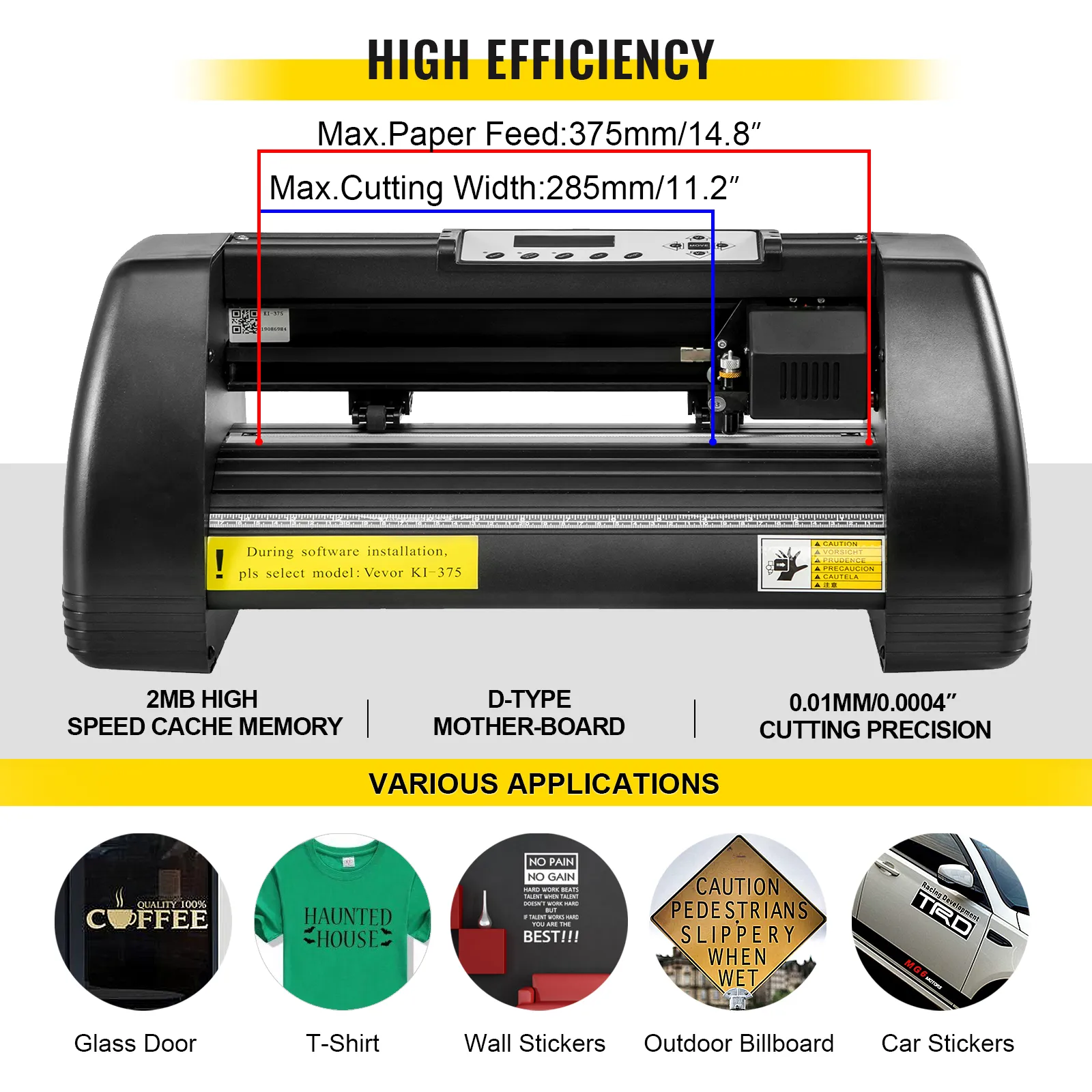 high efficiency VEVOR 8 in 1 heat press with 375mm paper feed and 285mm cutting width.