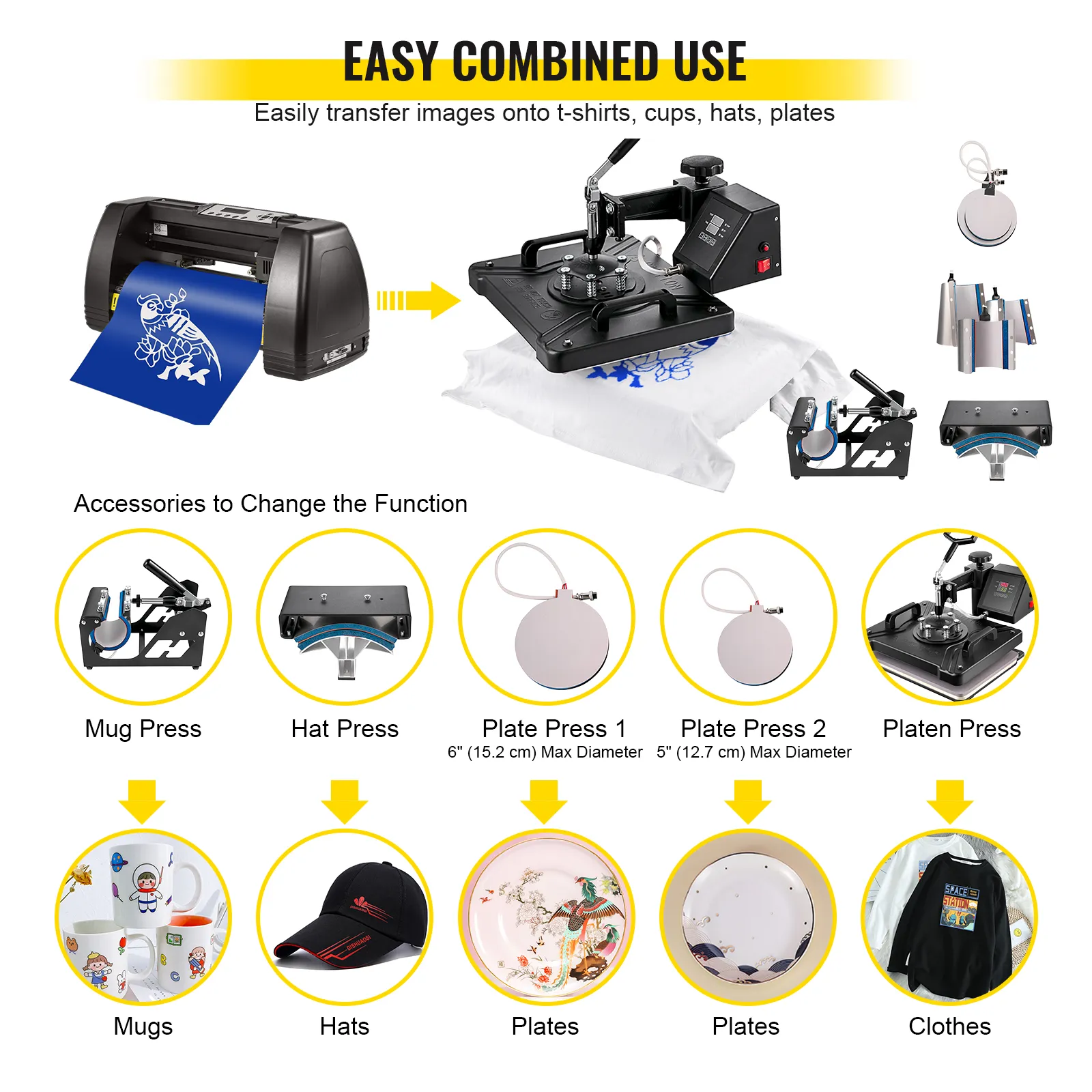 VEVOR 8 in 1 heat press for t-shirts, mugs, hats, plates; multifunctional use.
