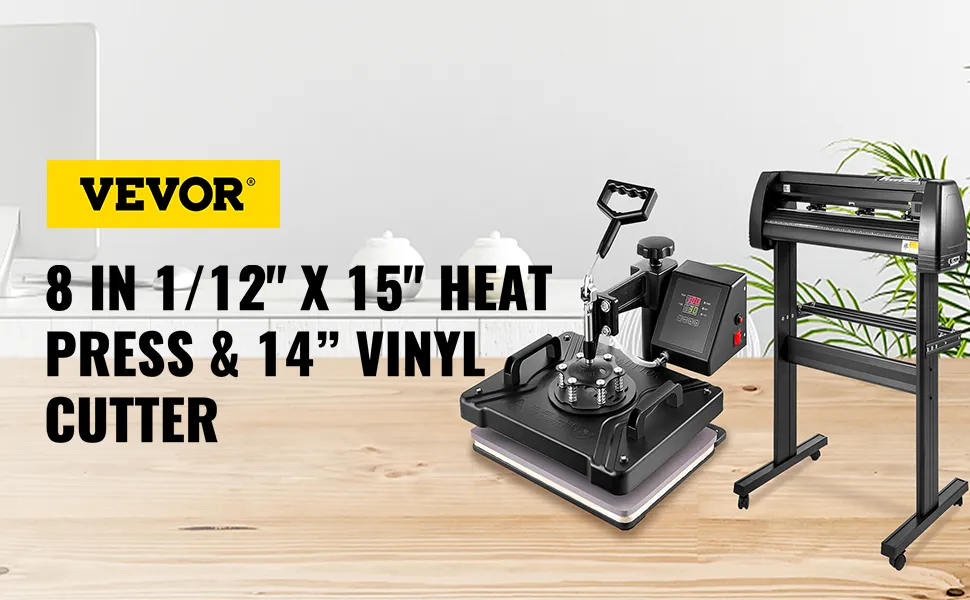 VEVOR heat press machine and 14” vinyl cutter on a wooden desk.
