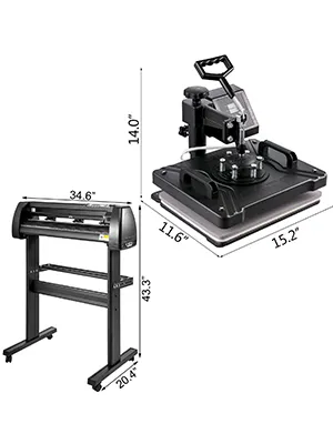 VEVOR heat press machine and cutting plotter with dimensions detailed.