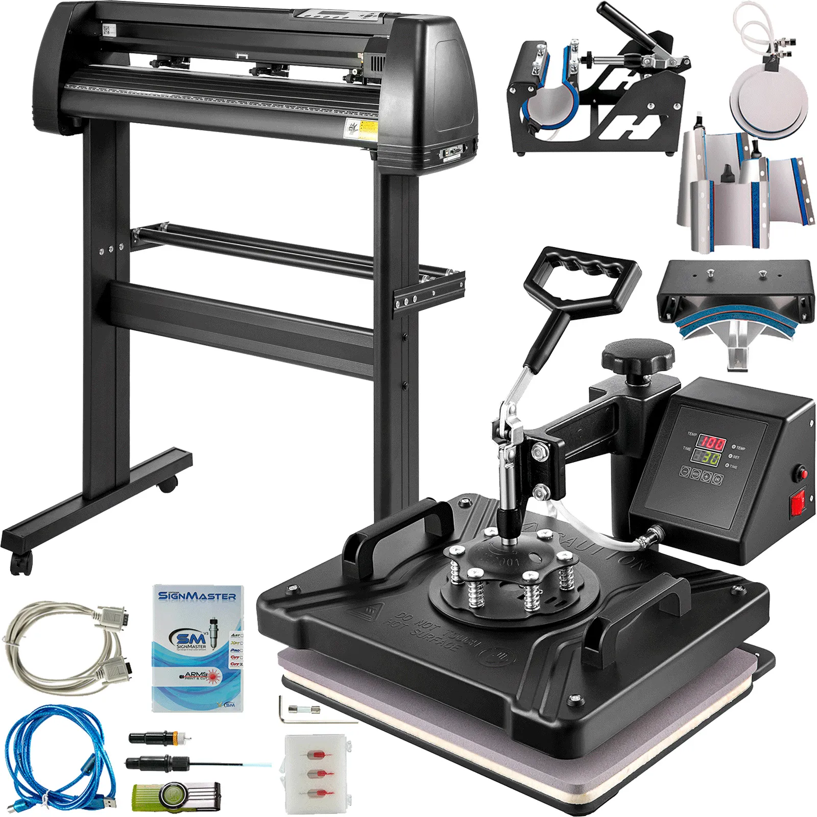 VEVOR heat press machine with accessories and additional equipment displayed.