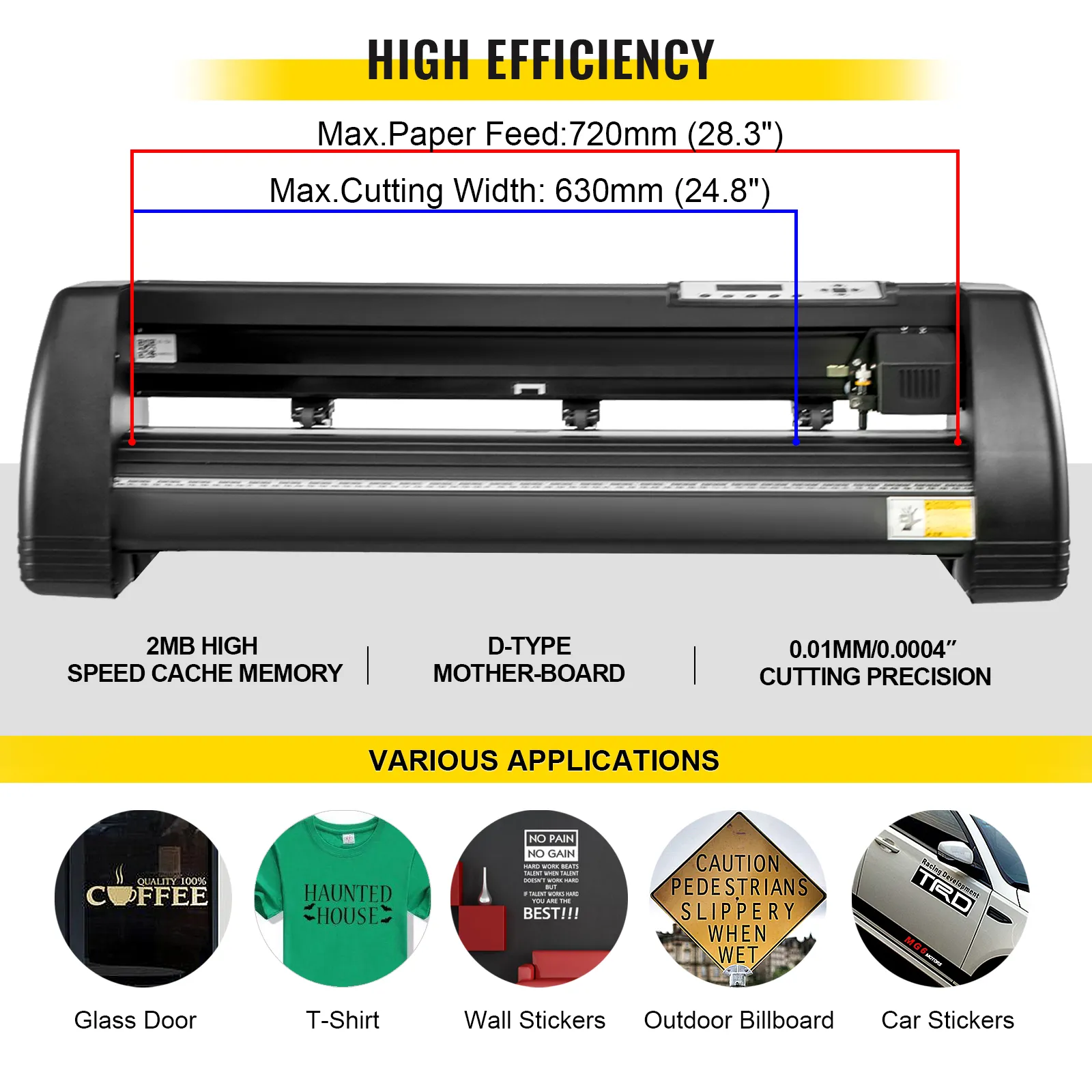 VEVOR heat press machine showcasing dimensions and various application uses.
