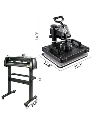 VEVOR heat press machine and vinyl cutter with dimensions marked.