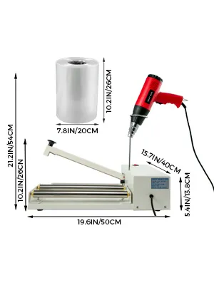 VEVOR shrink wrap sealer with dimensions and red heat gun, shrink wrap roll included.
