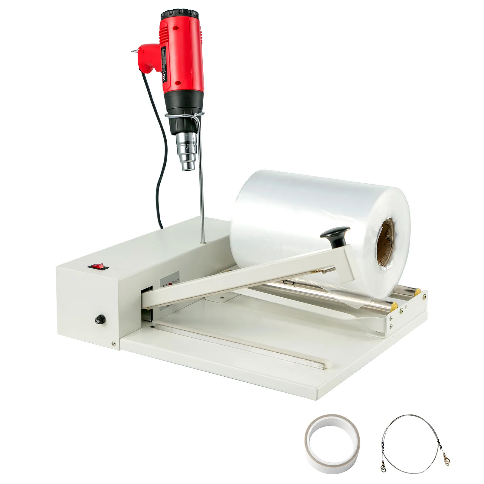 VEVOR shrink wrap sealer with red heat gun, plastic roll, tape, and wire accessory.