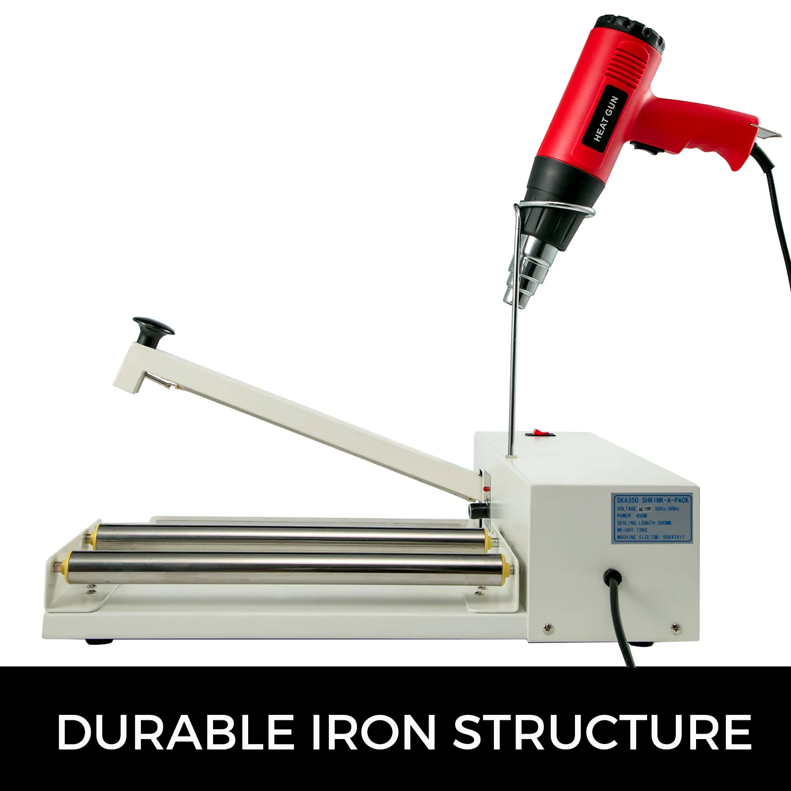 VEVOR shrink wrap sealer with heat gun and durable iron structure.
