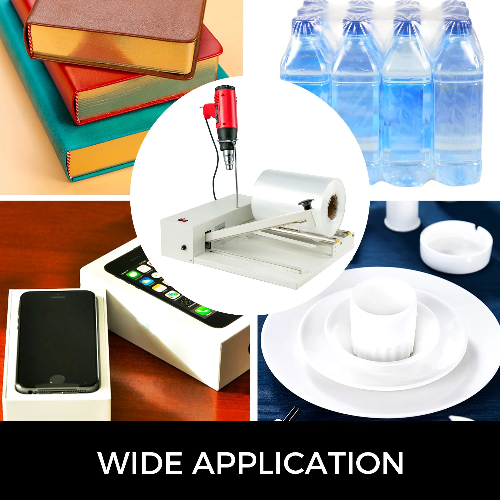VEVOR shrink wrap sealer for packaging books, bottles, phones, and dishes.