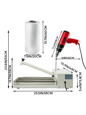 red heat gun and white VEVOR shrink wrap sealer with measurements and shrink wrap roll.