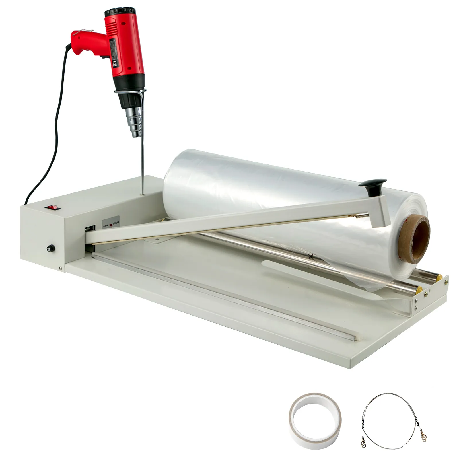VEVOR shrink wrap sealer with heat gun and plastic film roll for packaging.